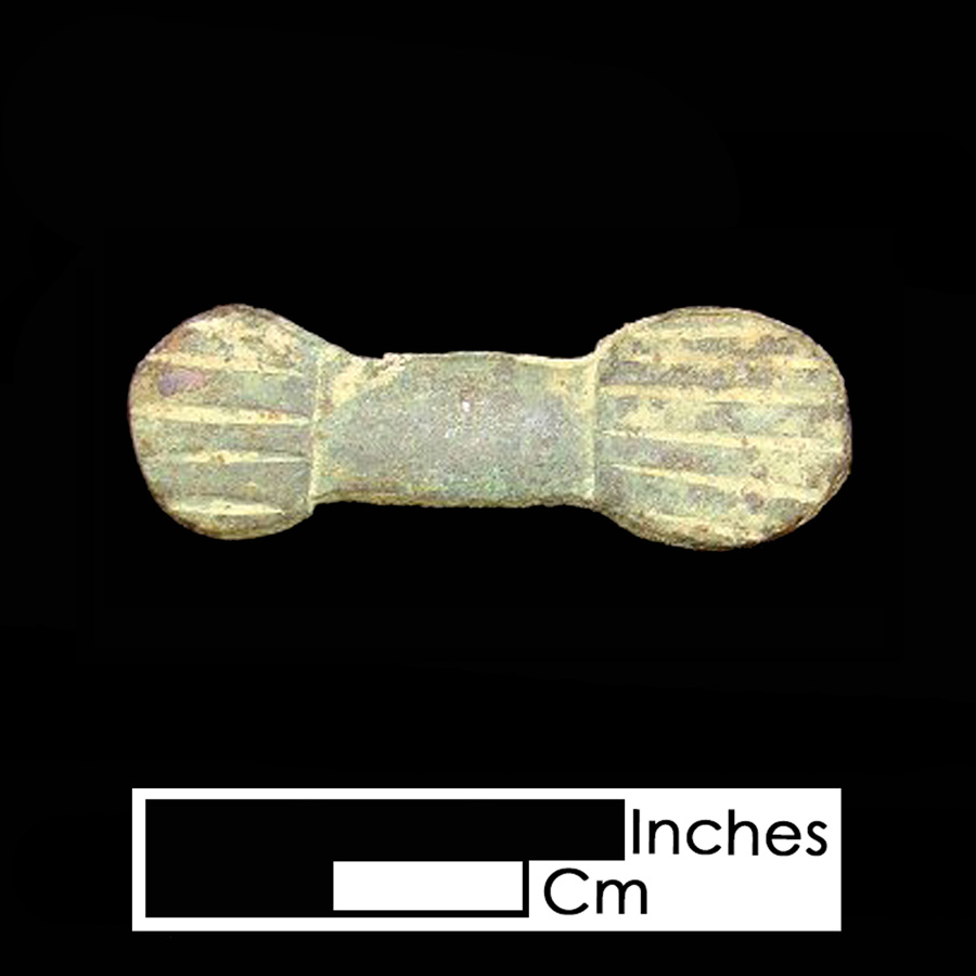 Image of copper alloy leather ornament, Barbell.