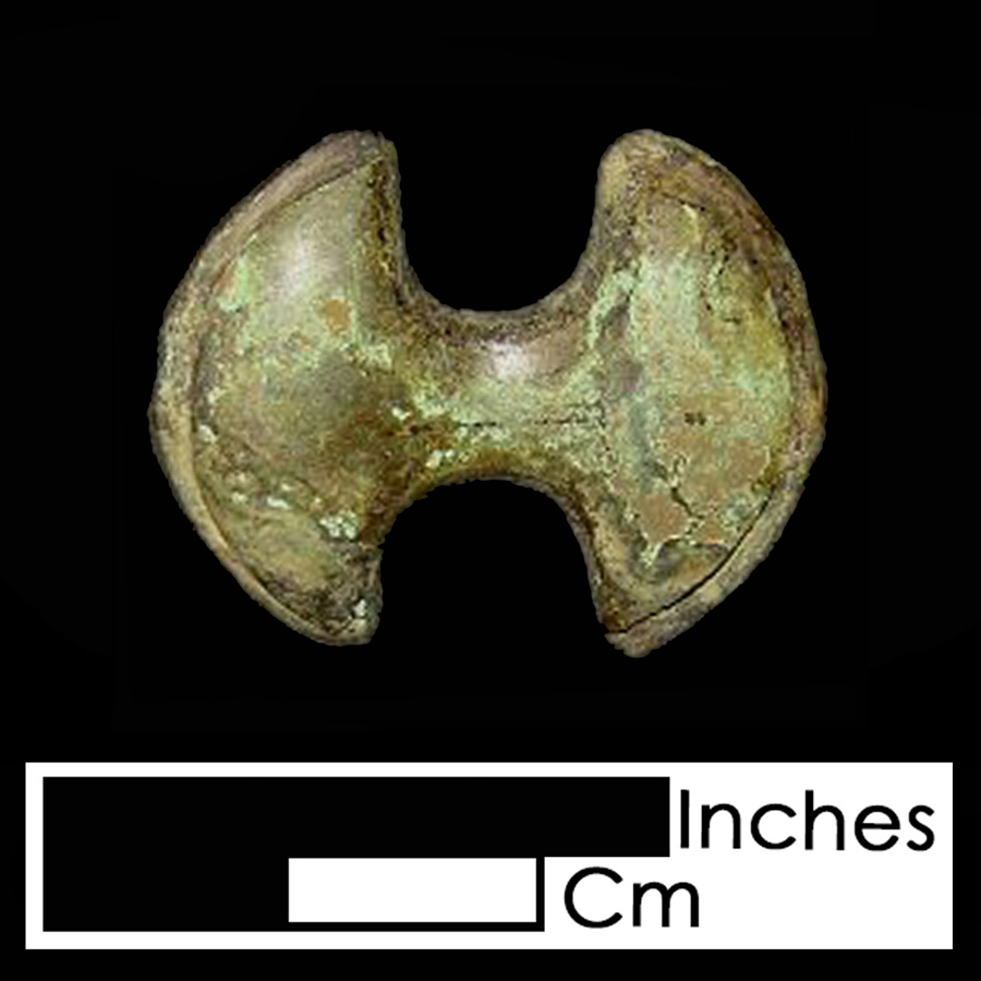 Image of copper alloy leather ornament, Double Axe Head.