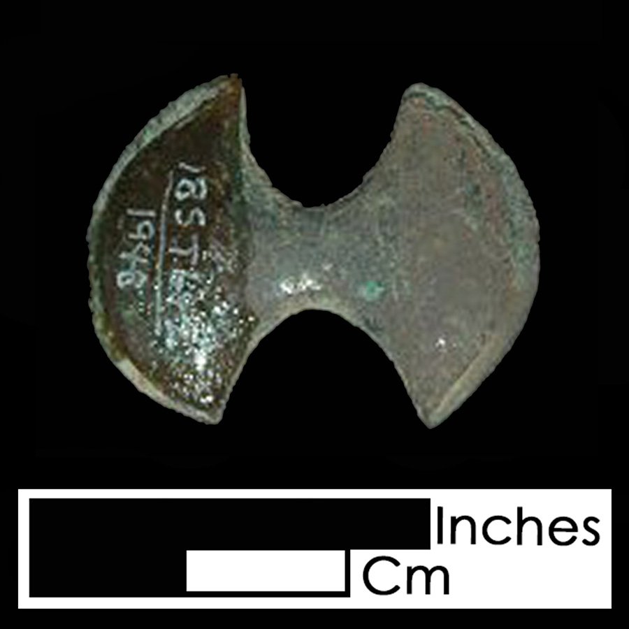 Image of copper alloy leather ornament, Double Axe Head.