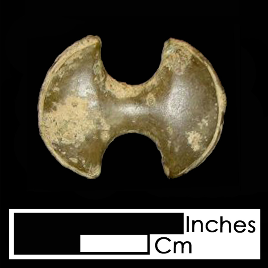 Image of copper alloy leather ornament, Double Axe Head.