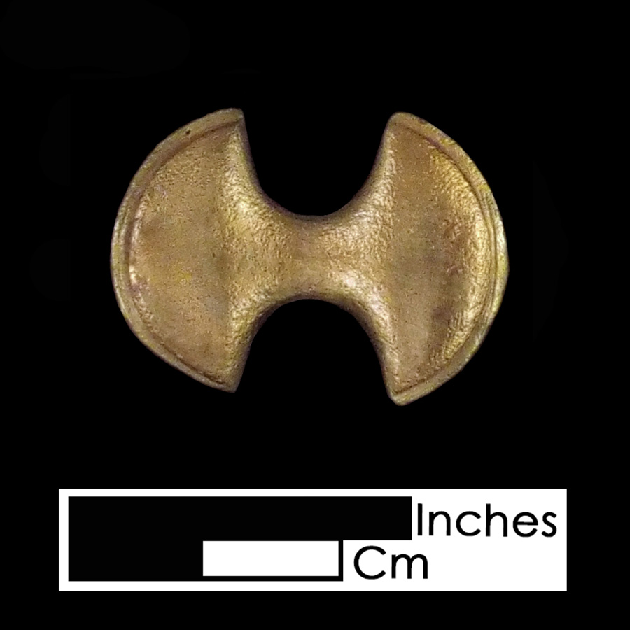 Image of copper alloy leather ornament, Double Axe Head.