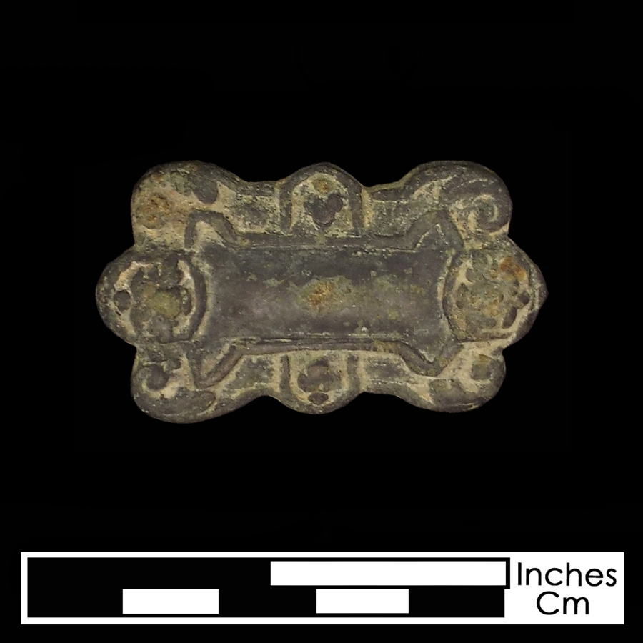Image of copper alloy leather ornament, Subrectangular.