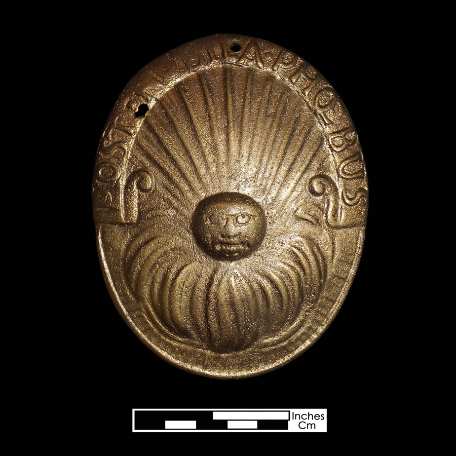 Image of copper alloy leather ornament, Extra Large, Vehicle, Inscription, Face.