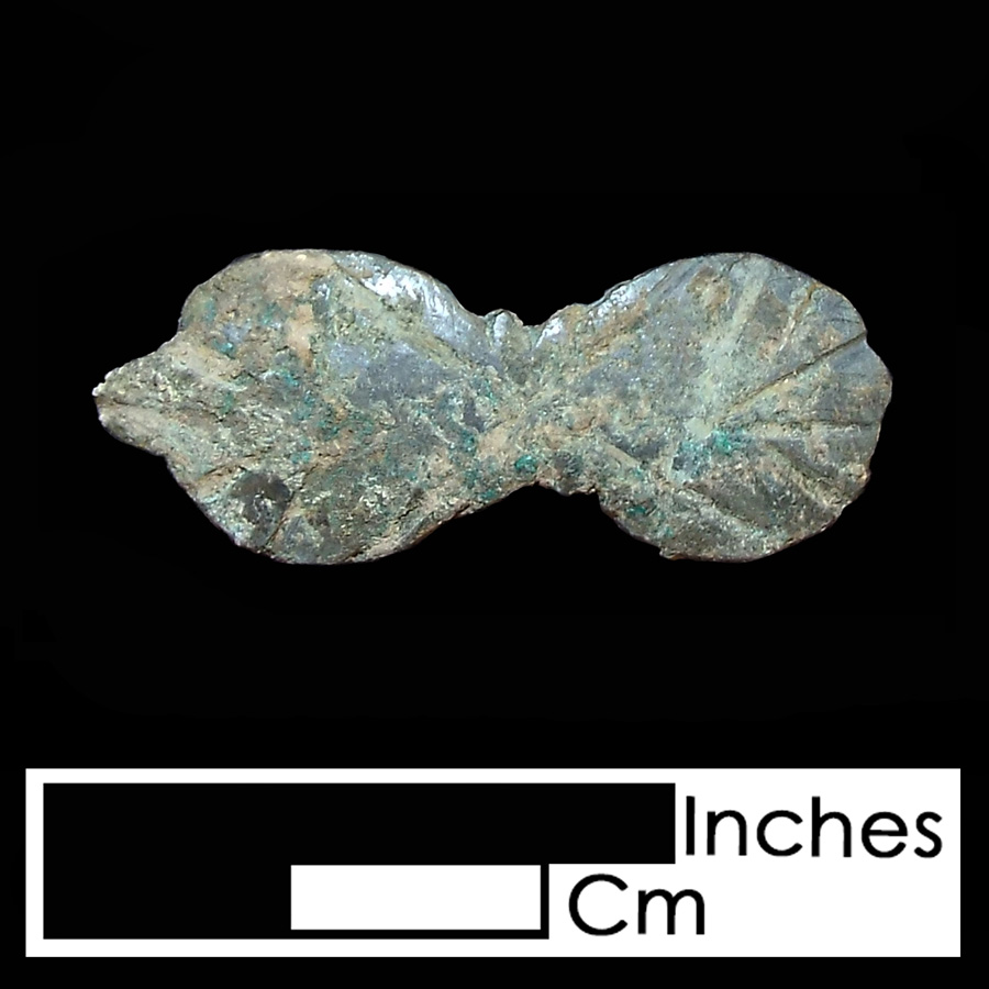 Image of copper alloy leather ornament, Peanut or Barbell.