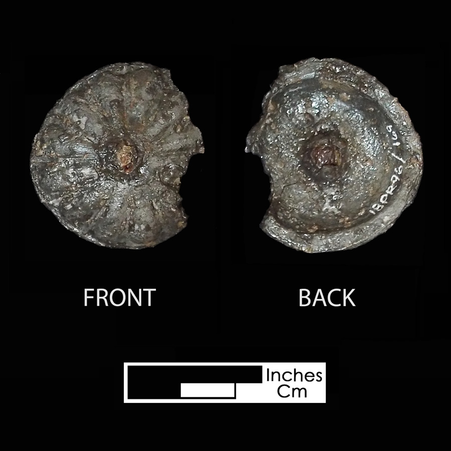 Image of pewter saddle part, Decorated Dome with Nipple.