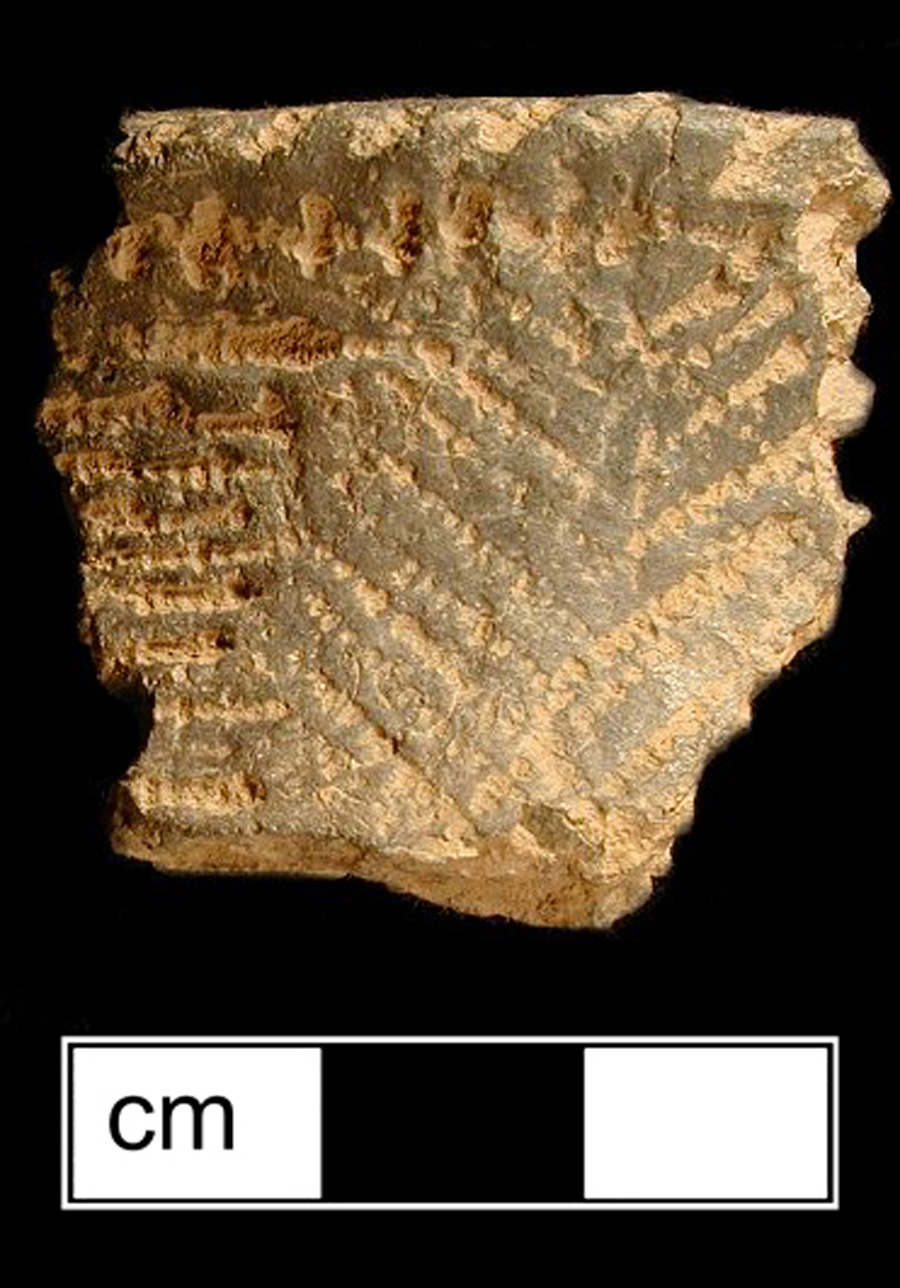 Image of ceramic, Crushed Rock Tempered Rim with Unidentified Surface Treatment, Clemson Island type, Cord-Wrapped Stick; Lip-nicking