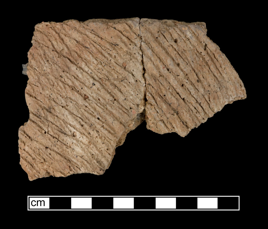 Image of ceramic, Grog Tempered Mended Body with Cord-Marked Surface Treatment, Coulbourn type, Undecorated