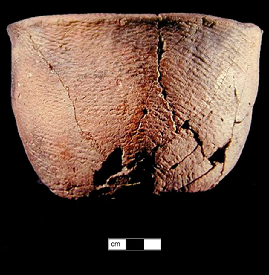 Image of ceramic, Shell Tempered Mended Vessel with Cord-Marked Surface Treatment, Keyser type, Undecorated