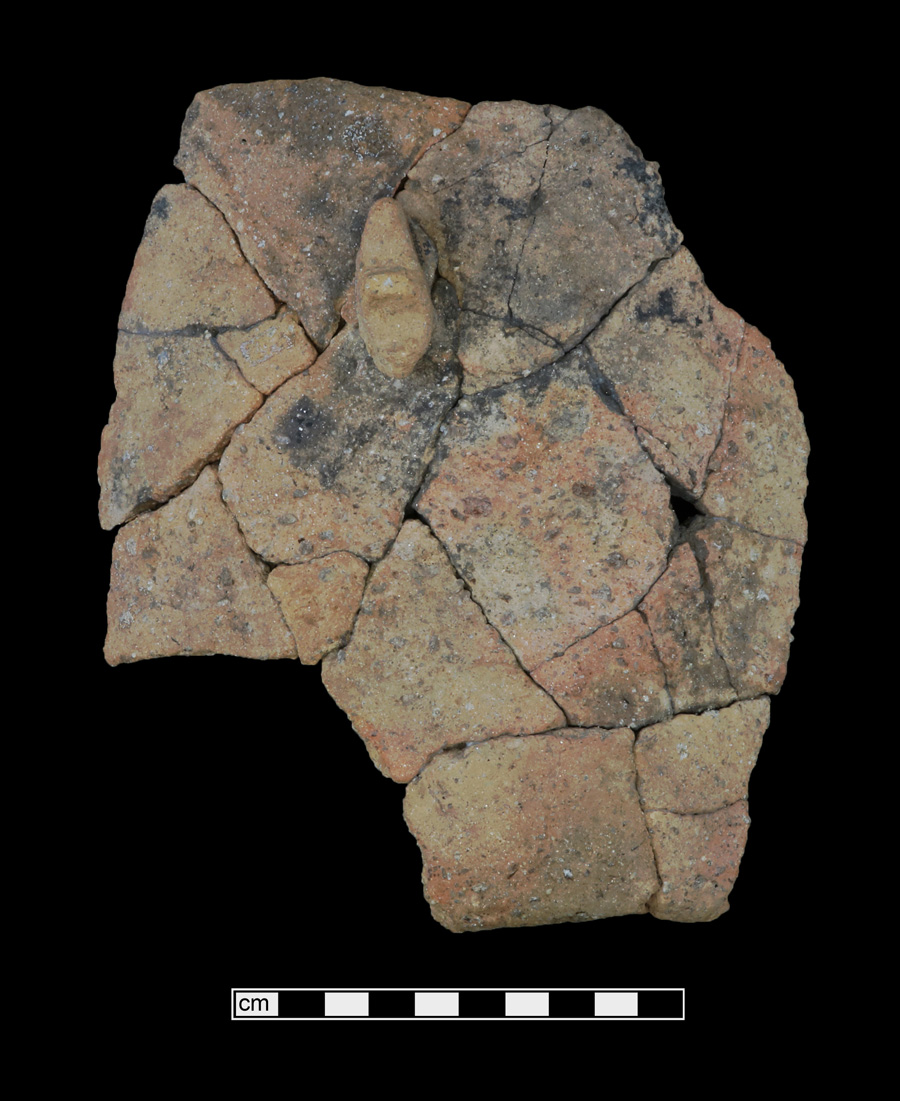 Image of ceramic, Steatite Tempered Mended Vessel with Plain/Smoothed Surface Treatment, Marcey Creek type, Lug Handle