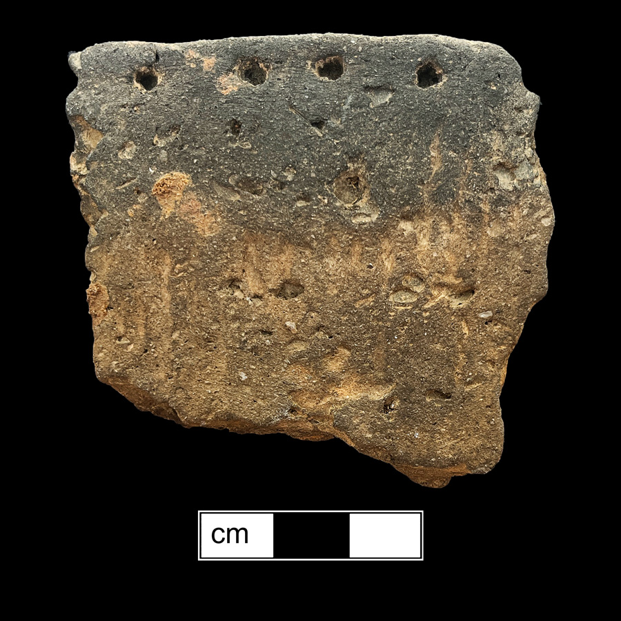 Image of ceramic, Shell Tempered Rim with Cord-Marked Surface Treatment, Mockley type, Punctate