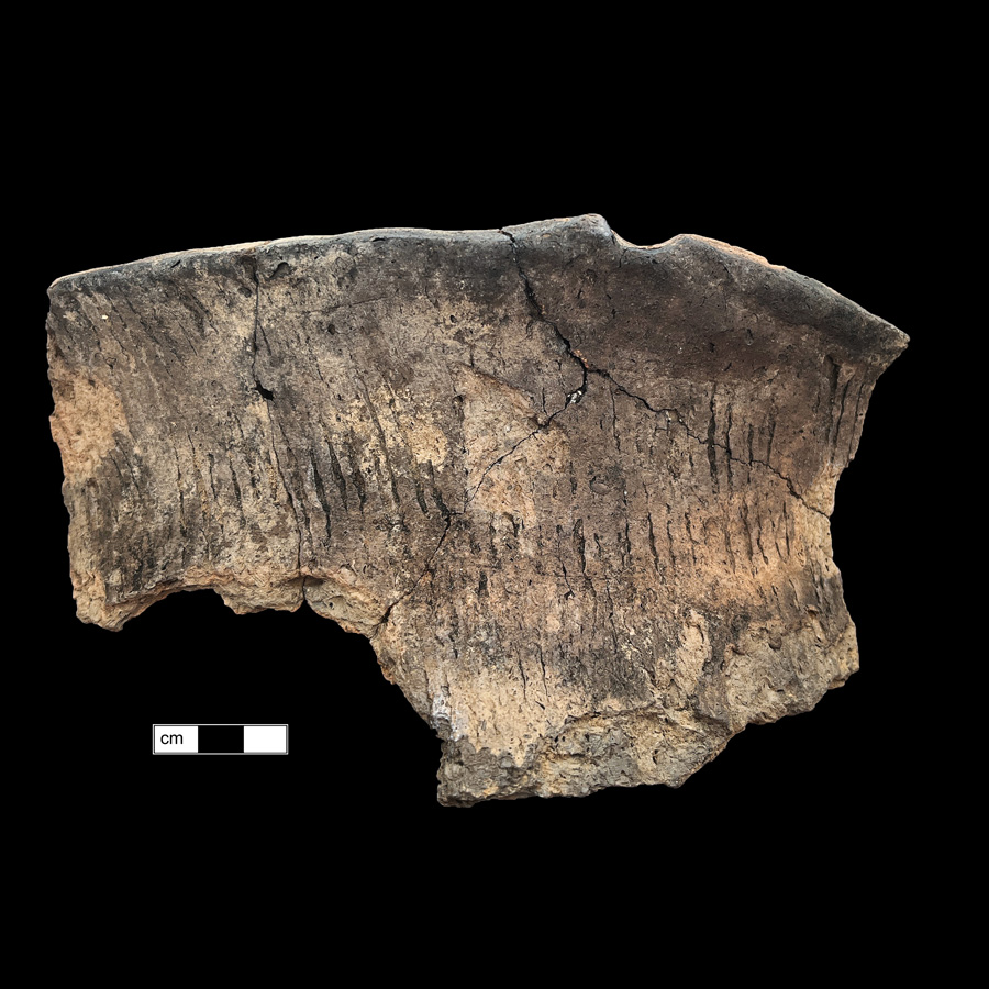 Image of ceramic, Limestone Tempered Mended Rim with Cord-Marked Surface Treatment, Monongahela type, Undecorated