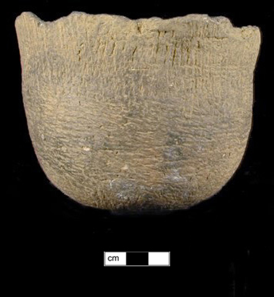 Image of ceramic, Limestone Tempered Vessel with Cord-Marked Surface Treatment, Monongahela type, Pie-Crust
