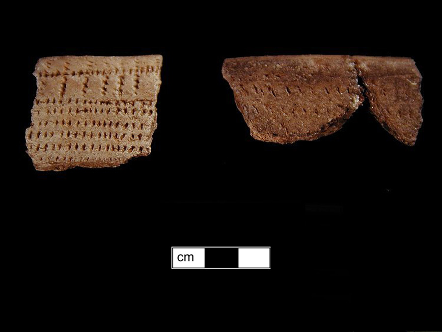 Image of ceramic, Crushed Quartz Tempered Rim with Unidentified Surface Treatment, Moyaone type, Cord-Wrapped Stick