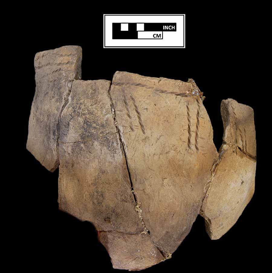 Image of ceramic, Sand/Crushed Quartz Tempered Mended Vessel with Cord-Marked/Smoothed Surface Treatment, Moyaone type, Direct Cord-Marked