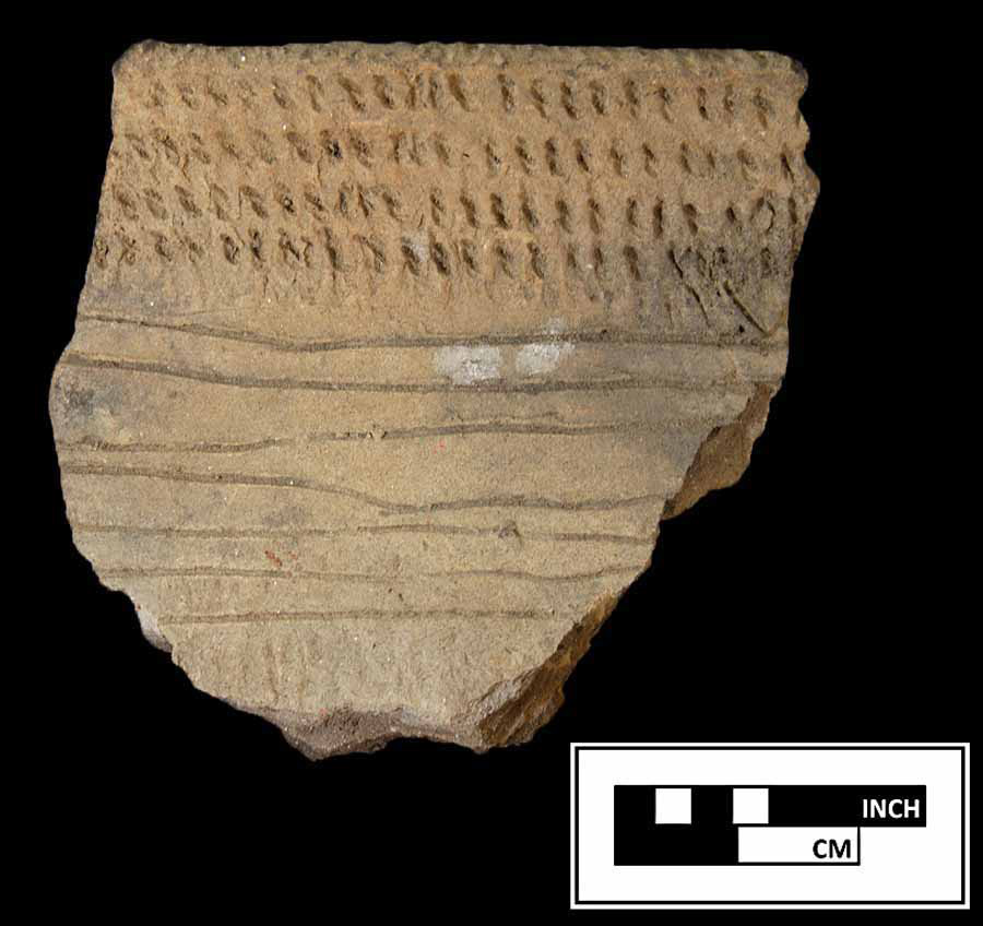 Image of ceramic, Sand Tempered Rim with Cord-Marked/Smoothed Surface Treatment, Moyaone type, Incised; Cord-Wrapped Stick