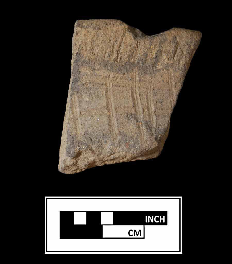 Image of ceramic, Sand Tempered Rim with Cord-Marked/Smoothed Surface Treatment, Moyaone type, Incised