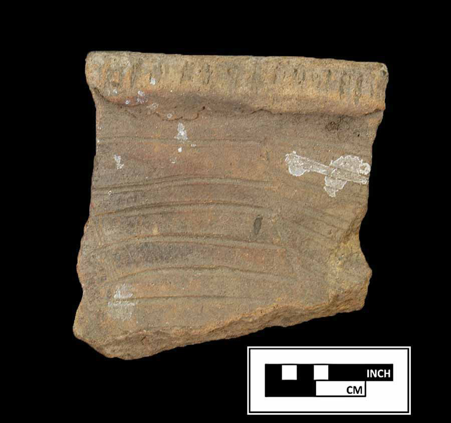 Image of ceramic, Sand Tempered Rim with Plain/Smoothed Surface Treatment, Moyaone type, Incised; Direct Cord-Marked