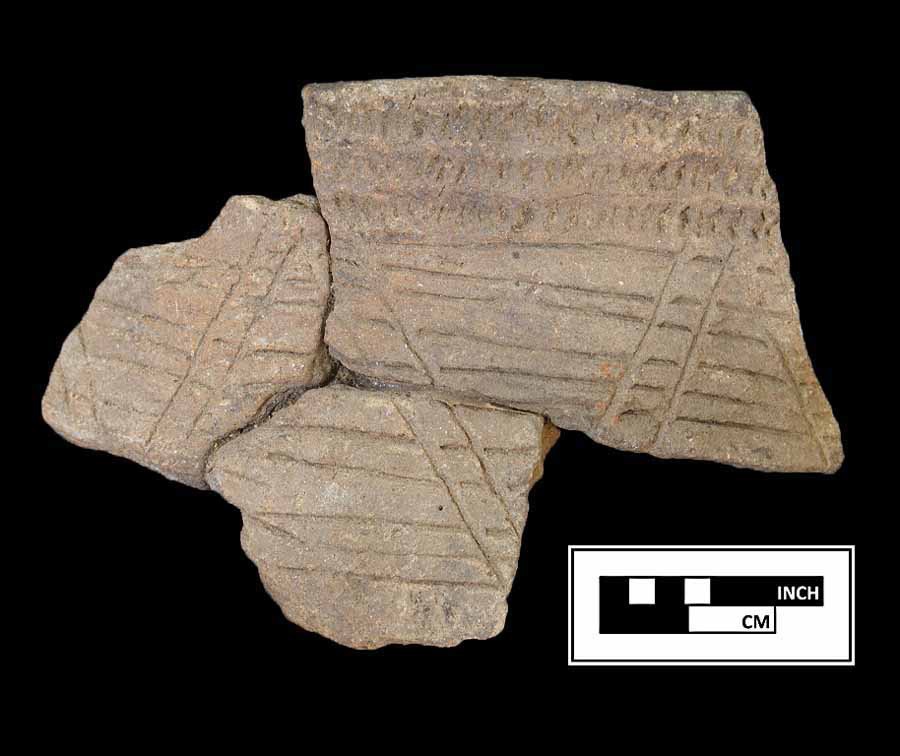 Image of ceramic, Sand Tempered Mended Body/Rim with Cord-Marked/Smoothed Surface Treatment, Moyaone type, Incised; Cord-Wrapped Stick