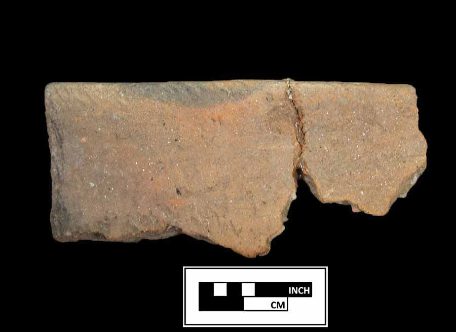 Image of ceramic, Sand/Crushed Quartz Tempered Mended Rim with Cord-Marked/Smoothed Surface Treatment, Moyaone type, Undecorated