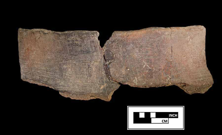 Image of ceramic, Sand Tempered Mended Rim with Cord-Marked/Smoothed Surface Treatment, Moyaone type, Undecorated