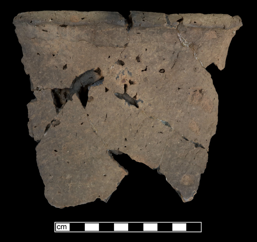 Image of ceramic, Limestone Tempered Mended Body/Rim with Cord-Marked/Smoothed Surface Treatment, Page type, Undecorated