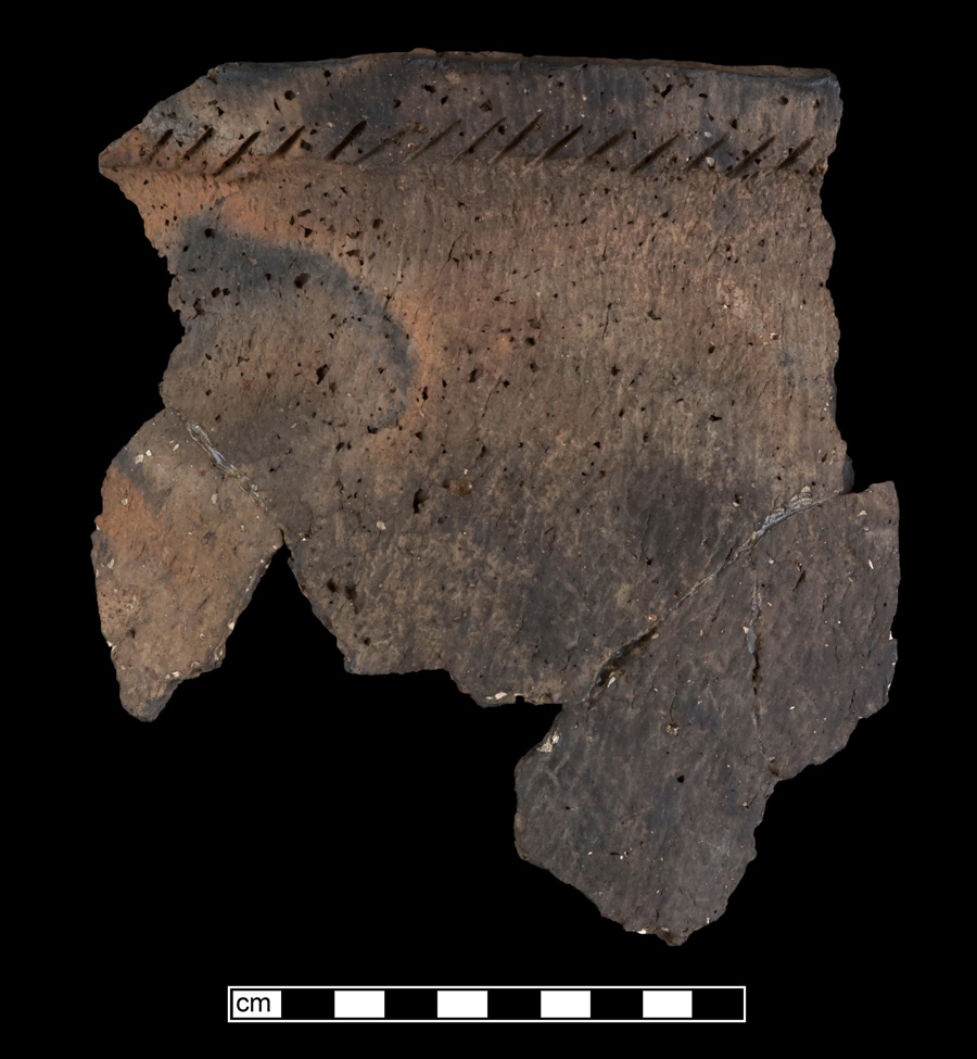 Image of ceramic, Limestone Tempered Mended Body/Rim with Cord-Marked Surface Treatment, Page type, Incised