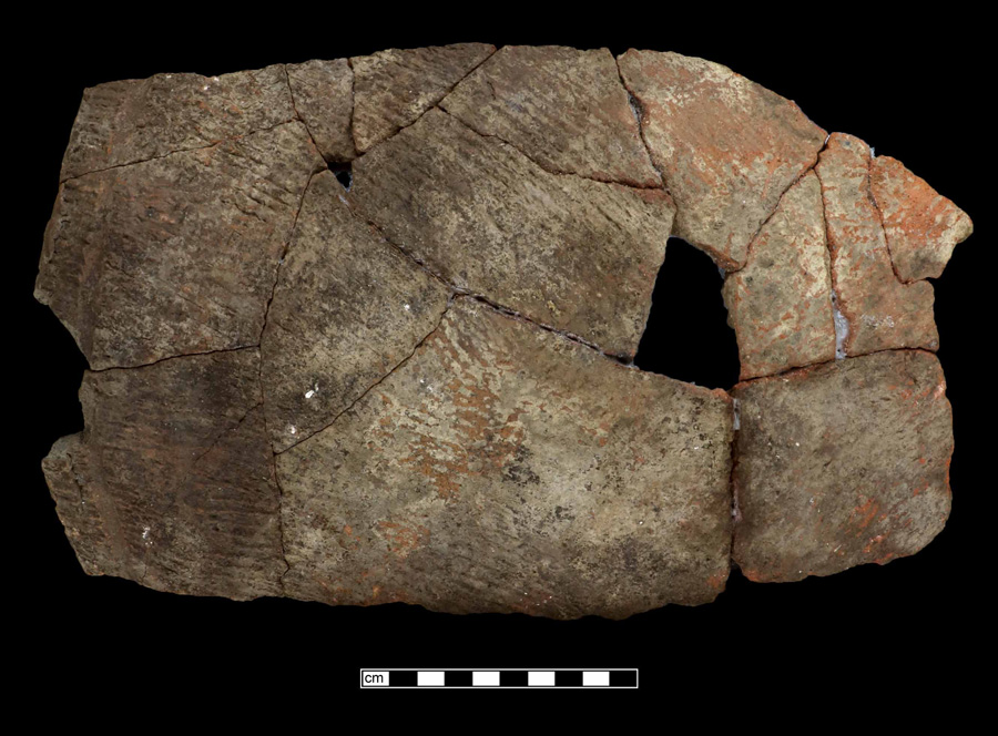 Image of ceramic, Sand Tempered Mended Vessel with Cord-Marked Surface Treatment, Pope's Creek type, Finger-Smoothed