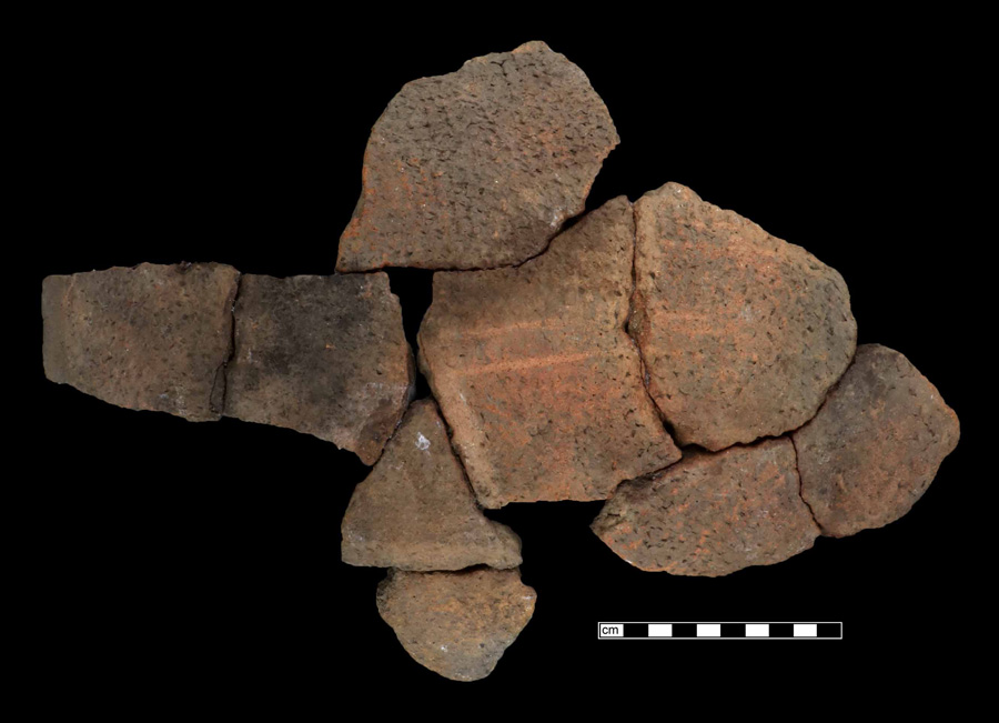 Image of ceramic, Sand Tempered Mended Vessel with Net-Impressed Surface Treatment, Pope's Creek type, Finger-Smoothed