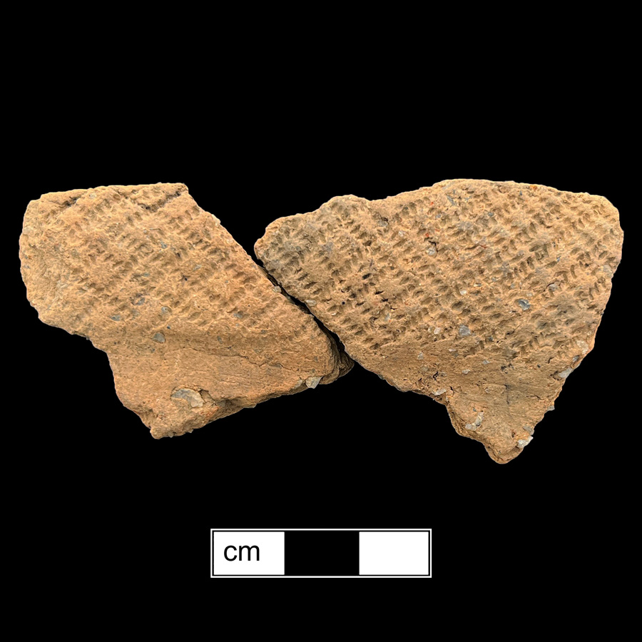 Image of ceramic, Crushed Quartz Tempered Mended Rim with Plain/Smoothed Surface Treatment, Potomac Creek type, Cord-Wrapped Stick