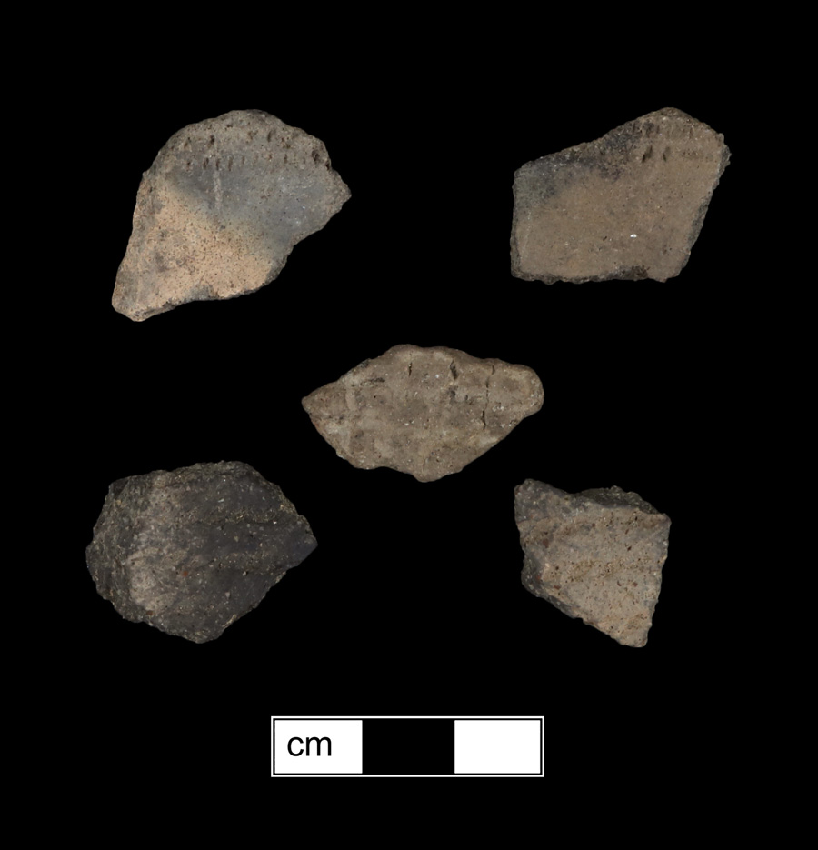 Image of ceramic, Crushed Quartz Tempered Body with Cord-Marked/Smoothed Surface Treatment, Potomac Creek type, Cord-Wrapped Stick