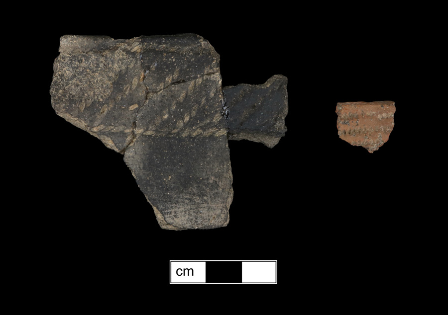 Image of ceramic, Crushed Quartz Tempered Mended Rim with Plain/Smoothed Surface Treatment, Potomac Creek type, Direct Cord-Marked