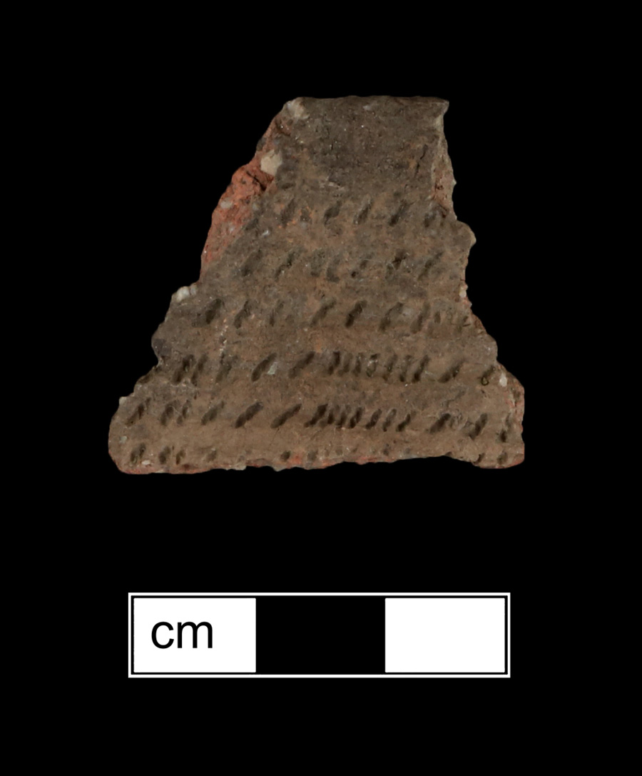 Image of ceramic, Crushed Quartz Tempered Rim with Plain/Smoothed Surface Treatment, Potomac Creek type, Cord-Wrapped Stick