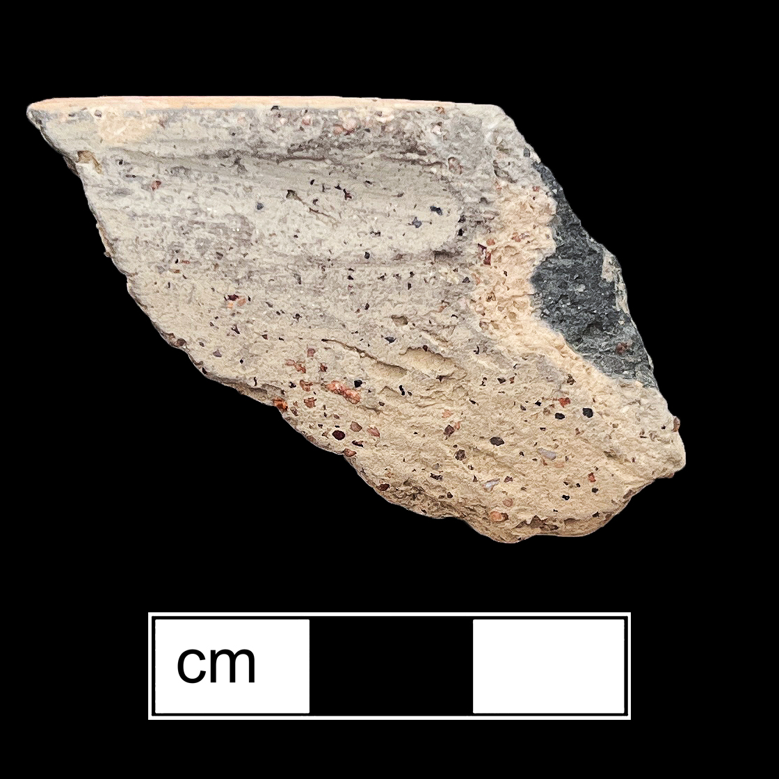Image of ceramic, Temperless Tempered Rim with Cord-Marked/Smoothed Surface Treatment, Colonoware type, Undecorated