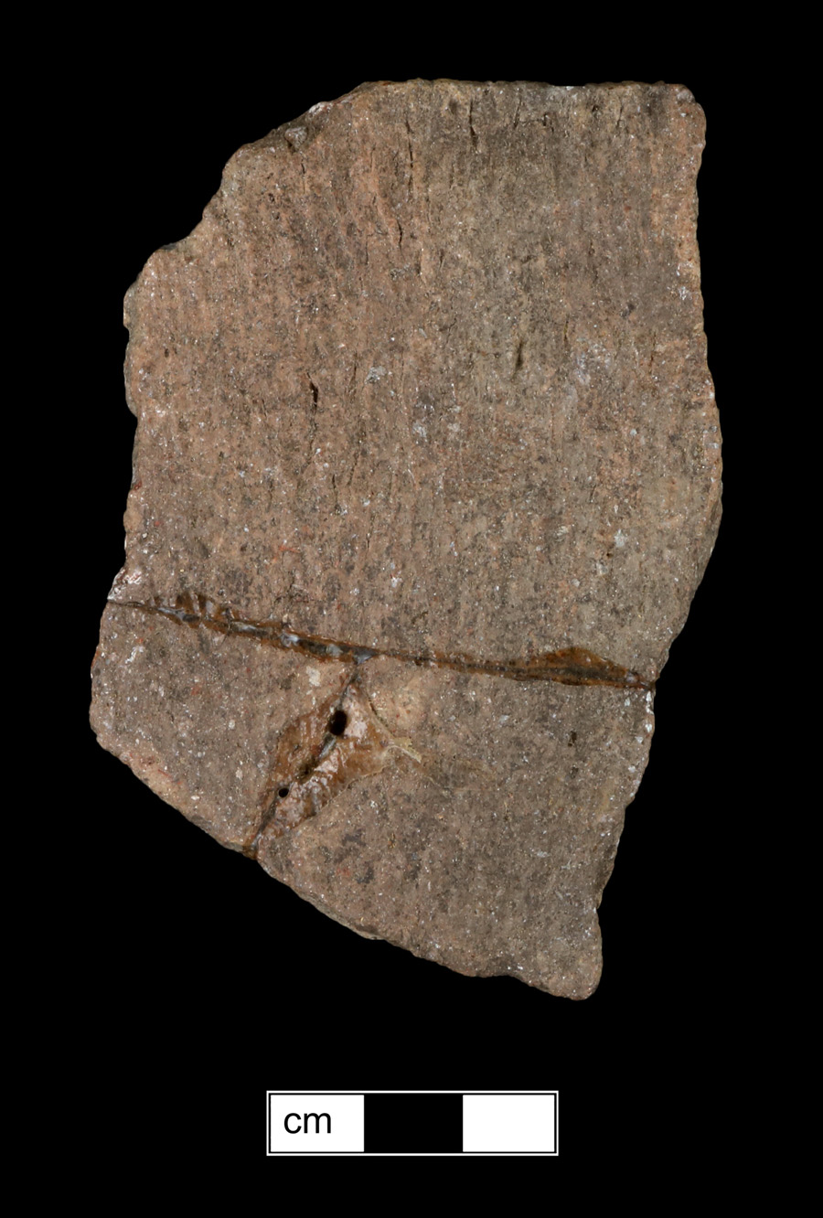 Image of ceramic, Steatite Tempered Mended Body/Rim with Cord-Marked Surface Treatment, Selden Island type, Undecorated