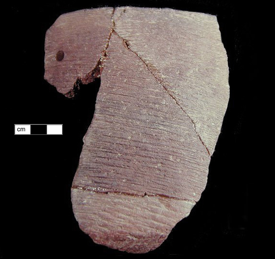 Image of ceramic, Steatite Tempered Mended Body/Rim with Cord-Marked Surface Treatment, Selden Island type, Undecorated