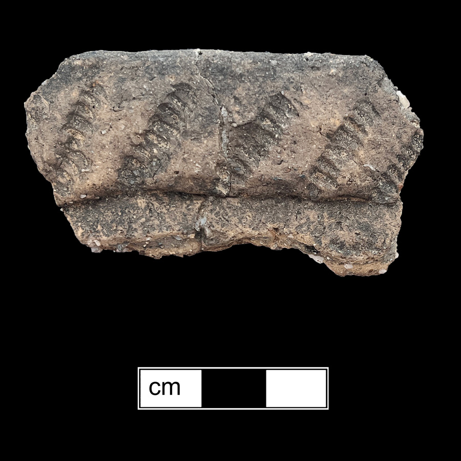 Image of ceramic, Crushed Quartz Tempered Mended Rim with Cord-Marked Surface Treatment, Shepard type, Cord-Wrapped Stick