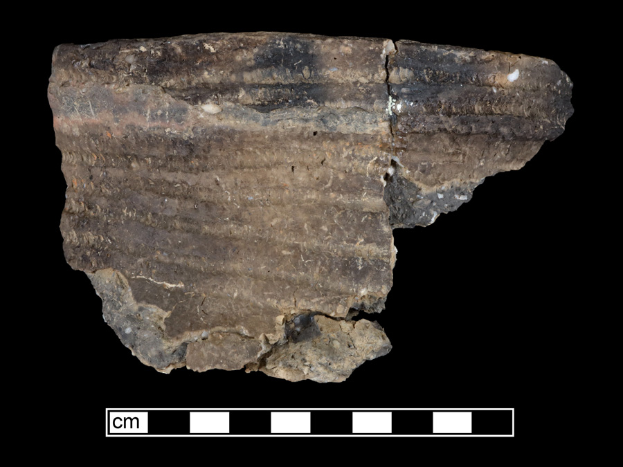 Image of ceramic, Crushed Quartz Tempered Mended Body/Rim with Cord-Marked Surface Treatment, Shepard type, Cord-Wrapped Stick