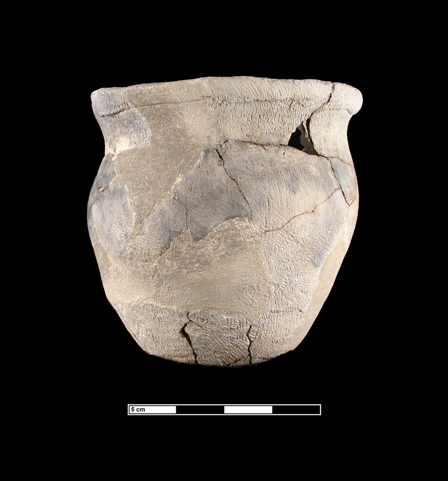 Image of ceramic, Crushed Quartz Tempered Mended Vessel with Cord-Marked Surface Treatment, Shepard type, Undecorated