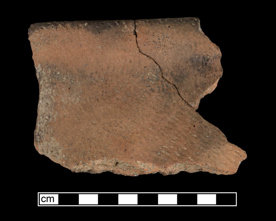 Image of ceramic, Gneiss Tempered Mended Rim with Cord-Marked/Smoothed Surface Treatment, Shepard type, Undecorated