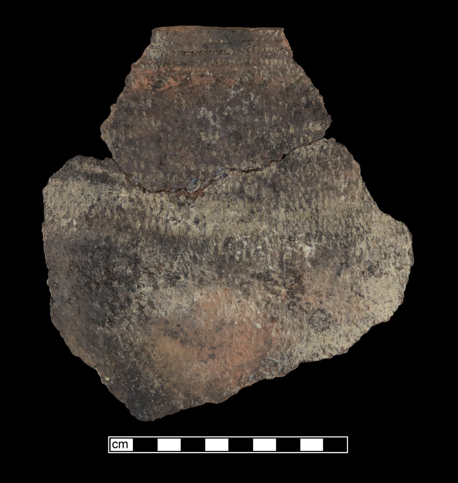 Image of ceramic, Gneiss Tempered Mended Body/Rim with Cord-Marked Surface Treatment, Shepard type, Cord-Wrapped Stick