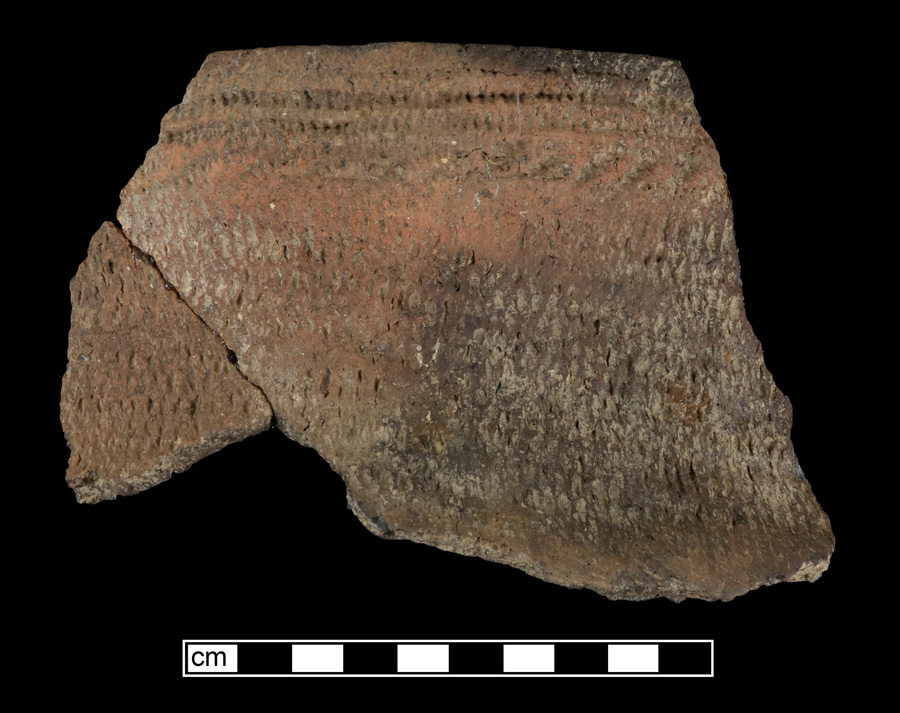 Image of ceramic, Gneiss Tempered Mended Body/Rim with Cord-Marked Surface Treatment, Shepard type, Cord-Wrapped Stick