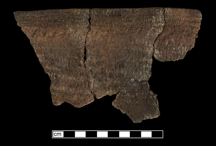 Image of ceramic, Gneiss Tempered Mended Body/Rim with Cord-Marked Surface Treatment, Shepard type, Cord-Wrapped Stick