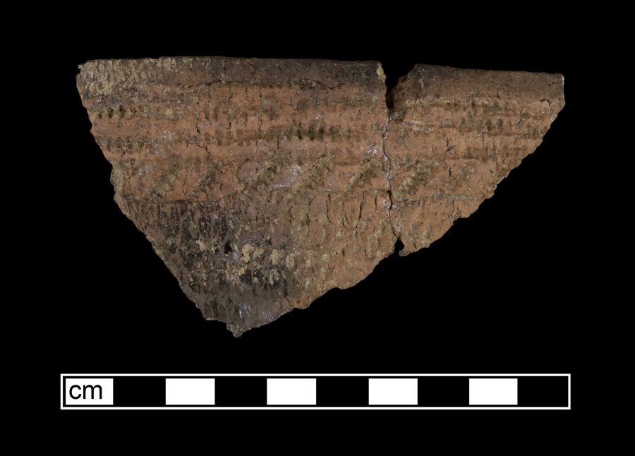 Image of ceramic, Gneiss Tempered Mended Body/Rim with Cord-Marked Surface Treatment, Shepard type, Cord-Wrapped Stick
