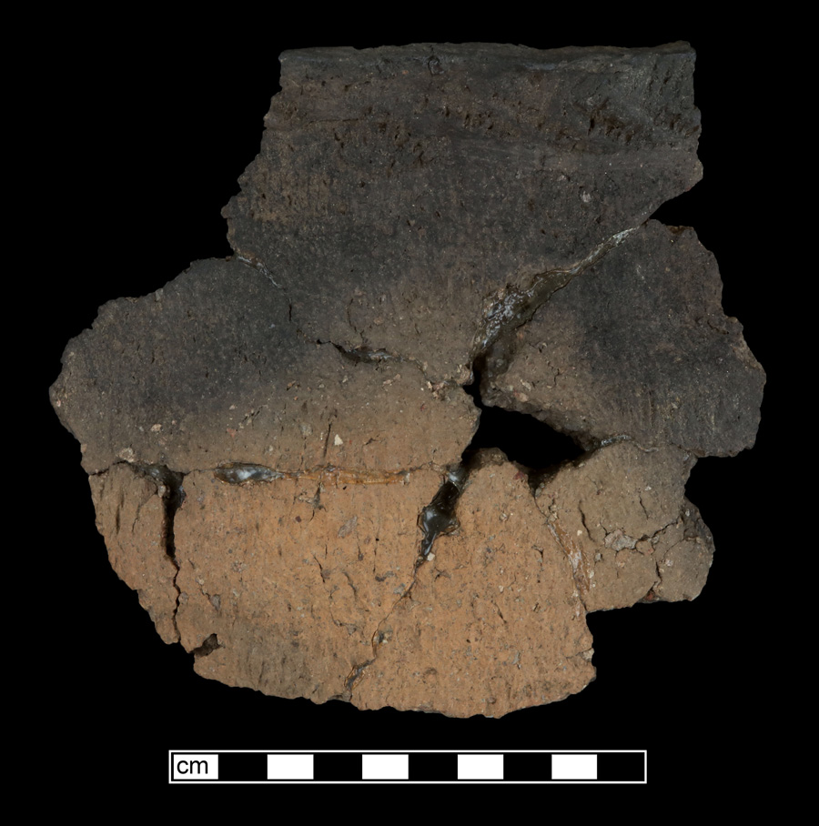 Image of ceramic, Crushed Quartz Tempered Mended Body/Rim with Cord-Marked Surface Treatment, Shepard type, Undecorated