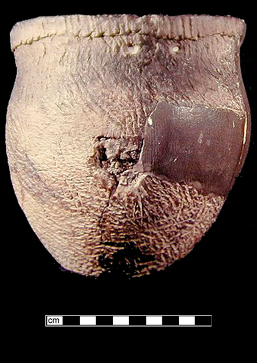 Image of ceramic, UID Tempered Mended Vessel with Cord-Marked Surface Treatment, Shepard type, Cord-Wrapped Stick