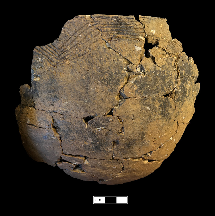Image of ceramic, Shell Tempered Mended Vessel with Cord-Marked/Smoothed Surface Treatment, Sullivan Cove type, Direct Cord-Marked