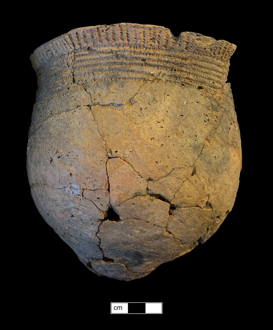 Image of ceramic, Shell Tempered Mended Vessel with Cord-Marked/Smoothed Surface Treatment, Sullivan Cove type, Cord-Wrapped Stick