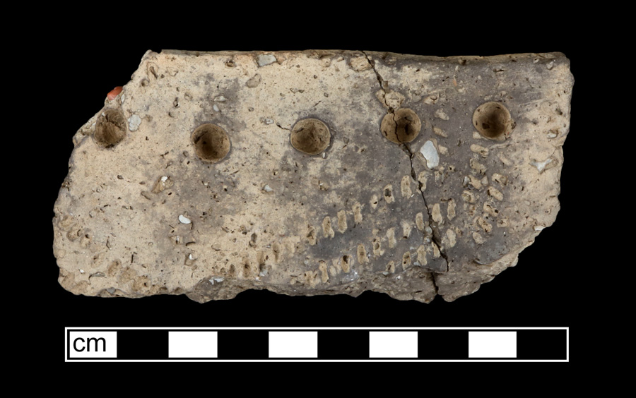 Image of ceramic, Shell Tempered Mended Rim with Unidentified Surface Treatment, Sullivan Cove type, Cord-Wrapped Stick; Punctate