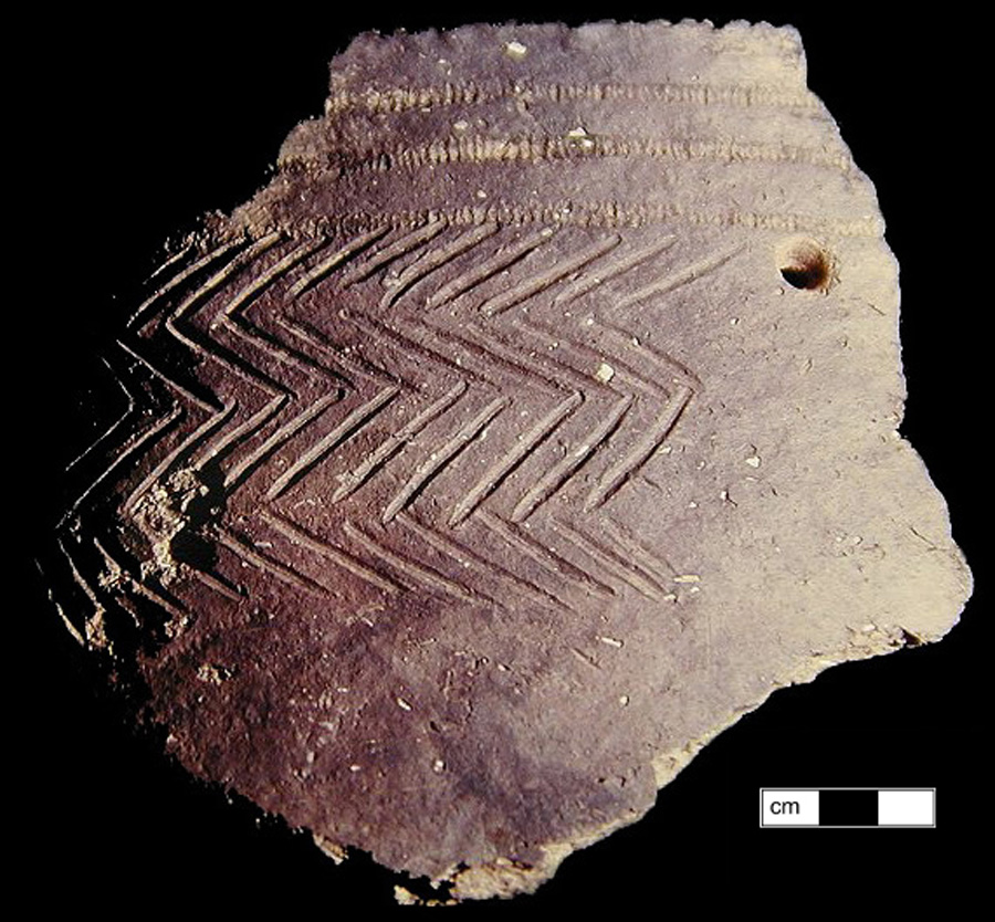 Image of ceramic, Shell Tempered Rim with Fabric-Impressed/Smoothed Surface Treatment, Townsend type, Incised; Cord-Wrapped Stick