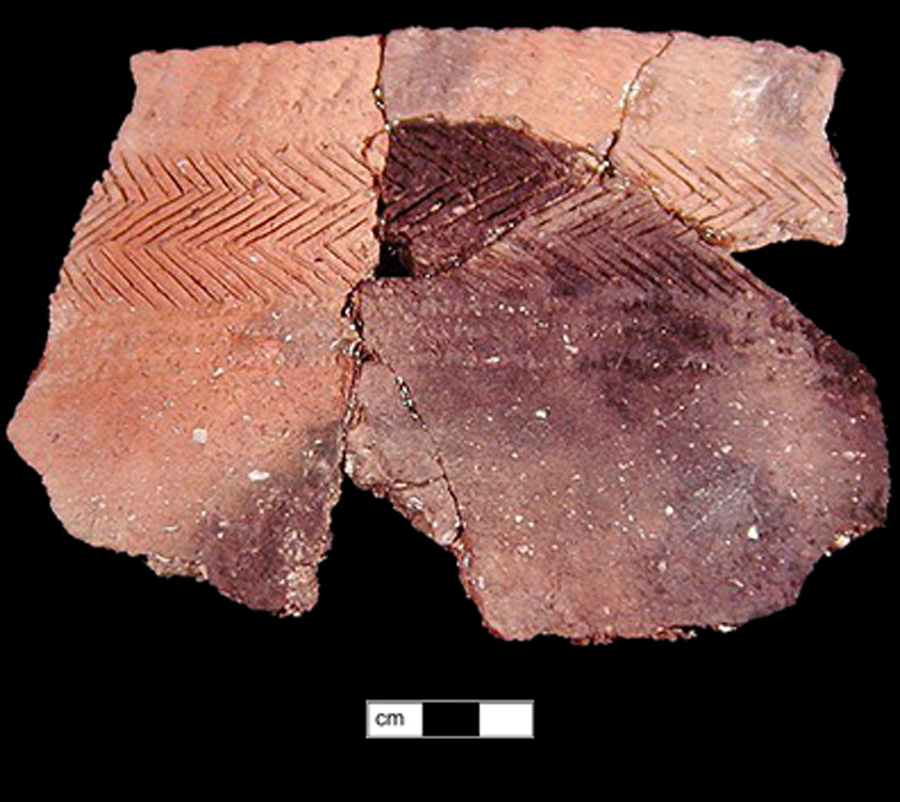 Image of ceramic, Shell Tempered Mended Body/Rim with Fabric-Impressed/Smoothed Surface Treatment, Townsend type, Incised; Cord-Wrapped Stick
